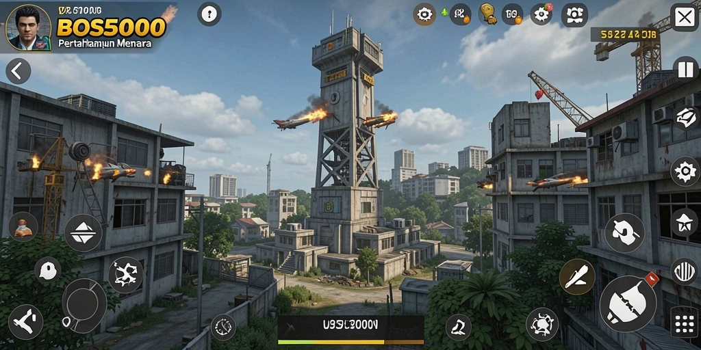Tampilan gameplay <strong>BOS5000</strong> dengan pertarungan menara yang mendebarkan.