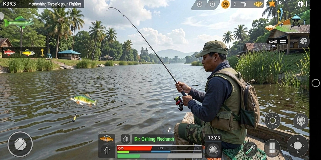 Tampilan gameplay K3K3 menampilkan pengalaman memancing yang realistis.