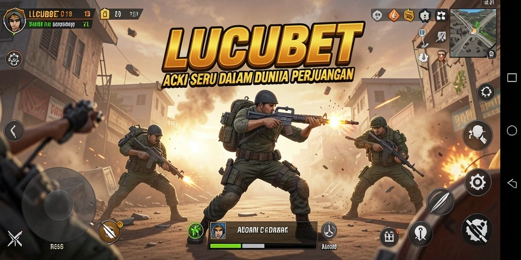 Screenshot menunjukkan karakter beraksi di medan perang LUCUBET.