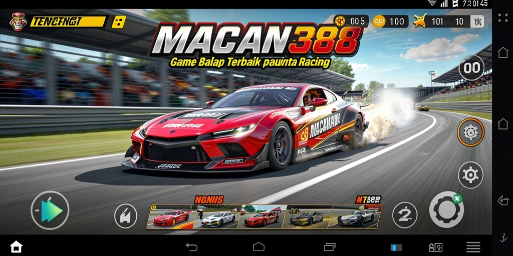 Screenshot menunjukkan balapan seru dengan mobil cepat di lintasan yang menantang.