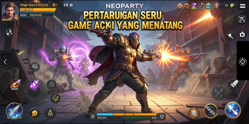 Screenshot gameplay NEOPARTY menunjukkan aksi pertarungan yang dinamis.